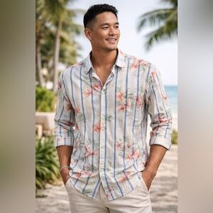 Tommy Bahama Tropical Floral Stripe Button Down Shirt